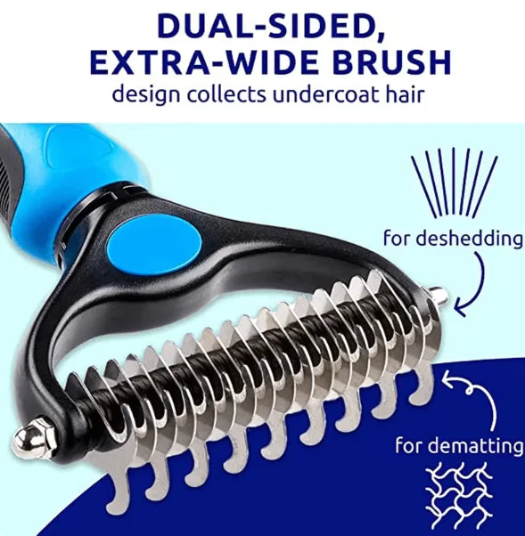 Dual-sided extra-wide pet grooming brush for deshedding and dematting undercoat hair