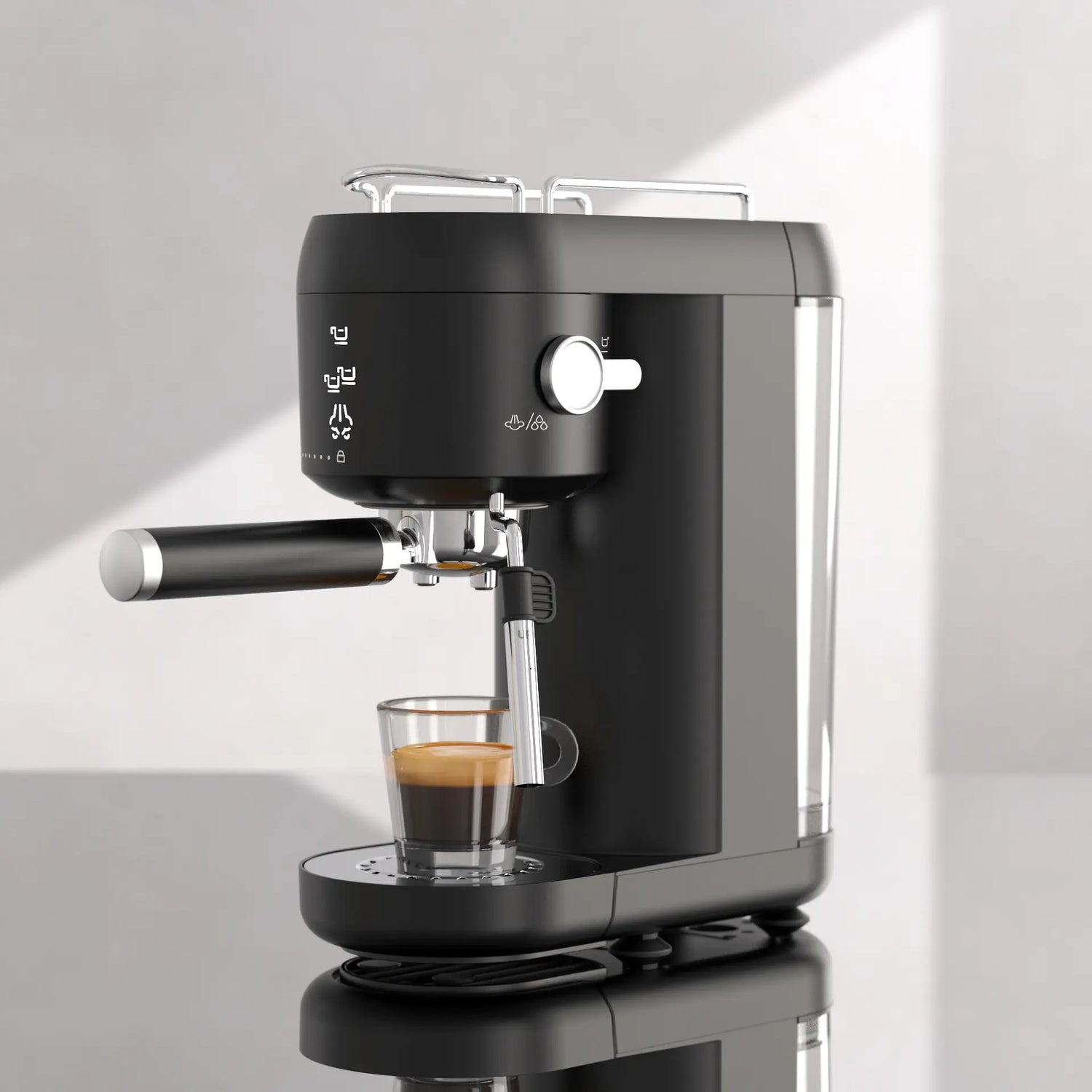 Modern black espresso machine brewing coffee on a glossy countertop in bright kitchen light