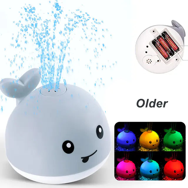 Cute whale bath toy spraying water, battery compartment, multicolor LED lights, kids bath