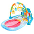 Colorful baby play gym mat with animal toys, piano keys, and a hot air balloon design