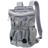 Gray mesh pet carrier backpack with padded straps and breathable fabric design