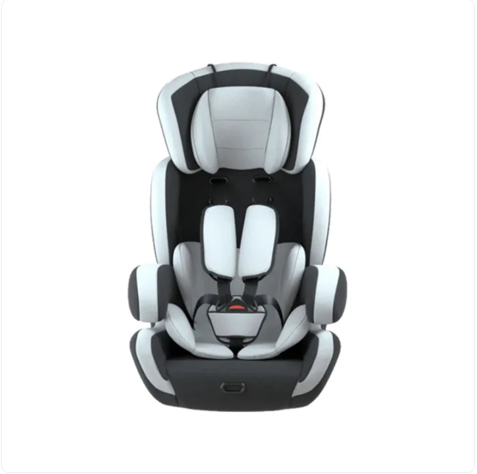 Gray and black child car seat with padded headrest and harness on white background