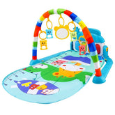 Colorful baby play gym mat with animal print, hanging toys, and keyboard piano