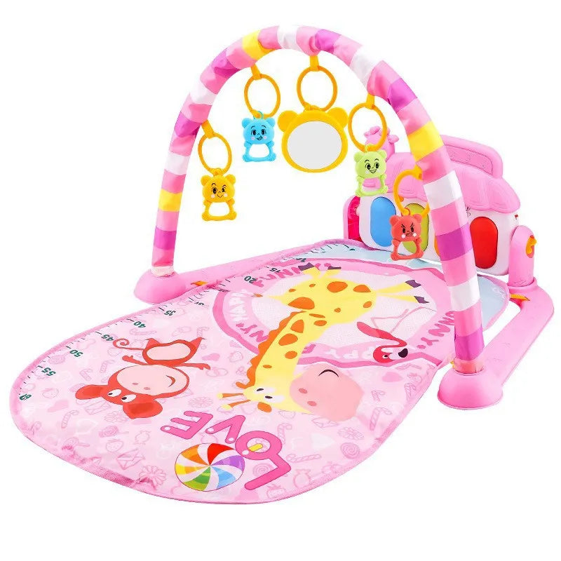 Pink baby play gym mat with hanging animal toys and colorful giraffe design