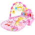 Pink baby play gym mat with hanging animal toys and colorful giraffe design