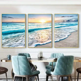 Modern dining room with blue velvet chairs and coastal beach wave wall art triptych