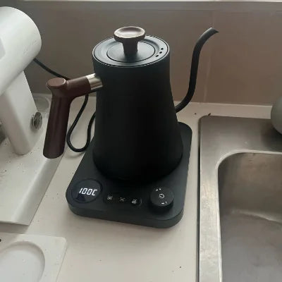Electric gooseneck kettle with digital temperature display on kitchen counter