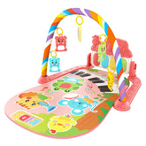 Colorful baby play gym with hanging toys, piano keys, and animal print mat