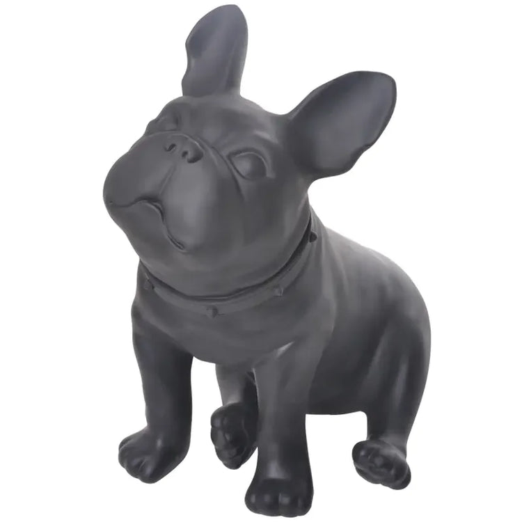 Black French bulldog statue with collar, modern dog decor accent