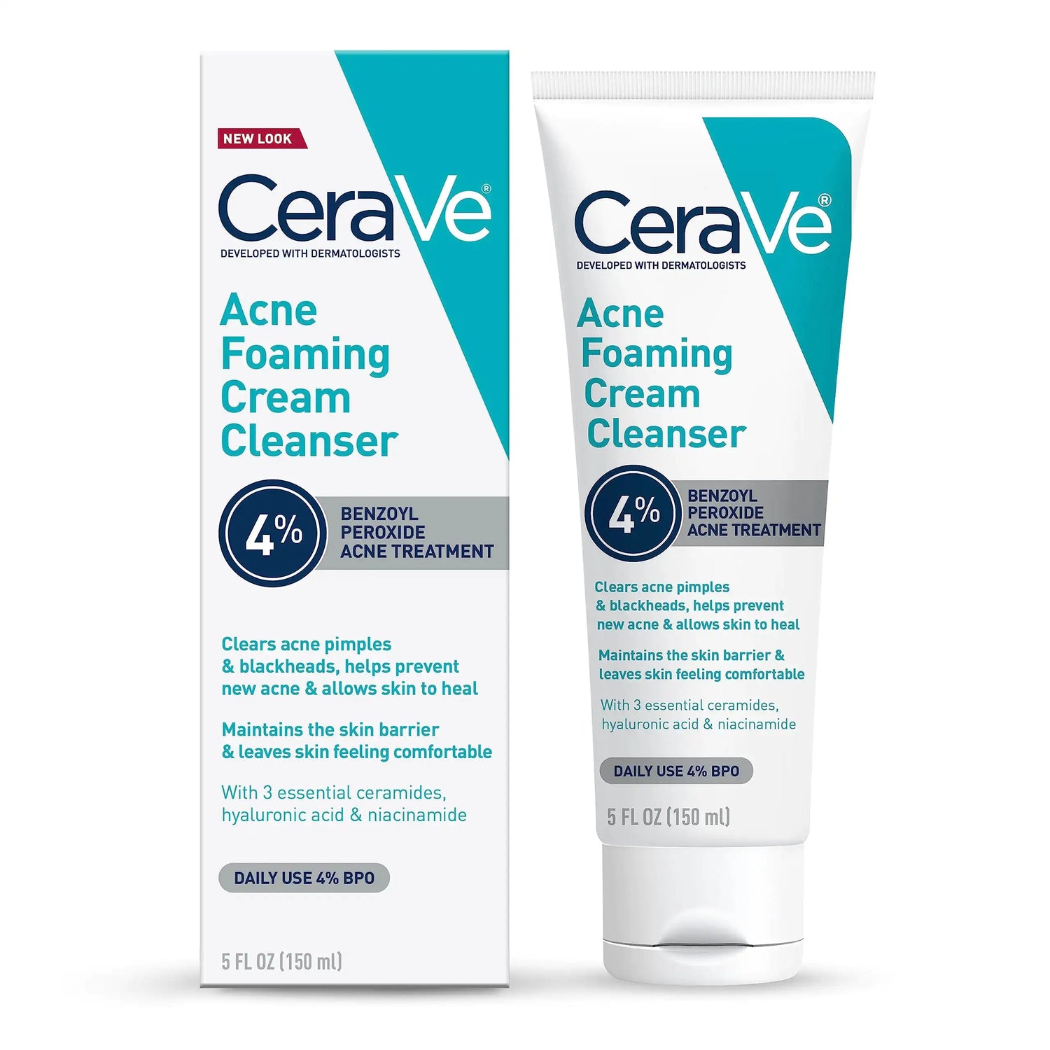 CeraVe Acne Foaming Cream Cleanser 4% Benzoyl Peroxide Face Wash With Hyaluronic Acid Niacinamide & Ceramides Gentle Daily Acne Treatment For Face GLOWLAB