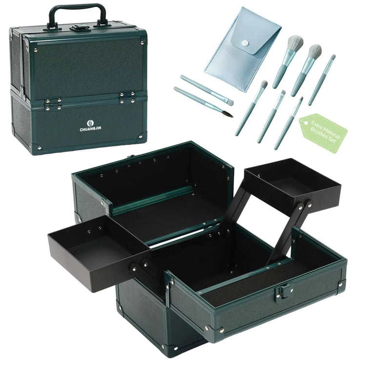 CHUANGJIN Makeup Train Case 2 Trays Makeup Box Organizer Portable Travel Makeup Case Lockable Makeup Storage Organizer Cosmetic Box for Jewelry Nail Tech Brushes Accessories ToolGreen Pro GLOWLAB