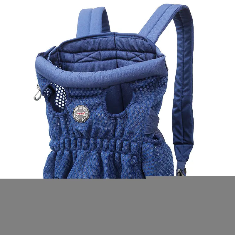 Blue mesh fabric dog carrier backpack with adjustable padded straps and front logo patch