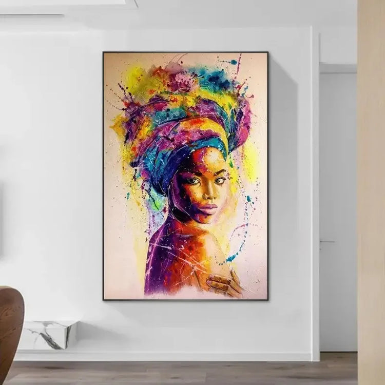Colorful abstract portrait painting of woman with headwrap on white wall in modern room