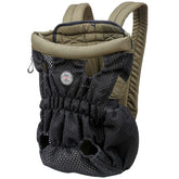 Black and olive mesh dog carrier backpack with padded straps and front logo