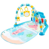 Colorful baby play gym mat with hanging toys and animal illustrations on blue background