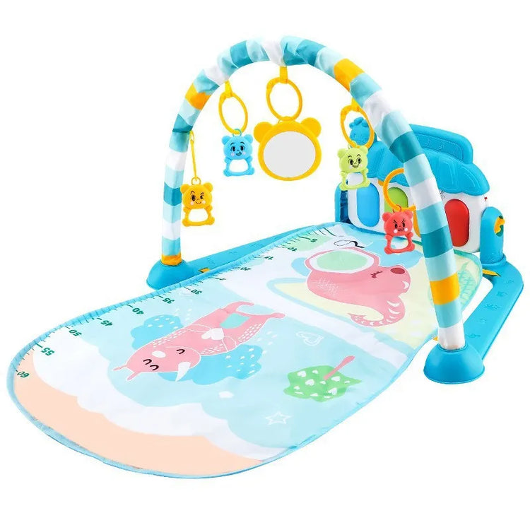 Colorful baby play gym mat with hanging toys and animal illustrations on blue background