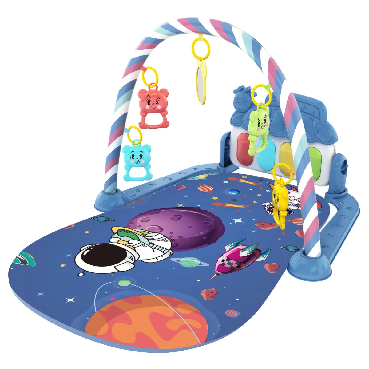 Space-themed baby play mat with hanging toys, piano keys, and colorful planets design