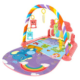 Colorful baby play gym mat with animal print, hanging toys and rainbow design
