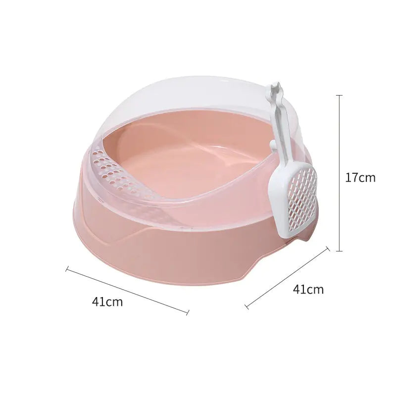 Pink round cat litter box with scoop and transparent shield, 41x41x17cm dimensions shown