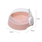 Pink round cat litter box with scoop and transparent shield, 41x41x17cm dimensions shown
