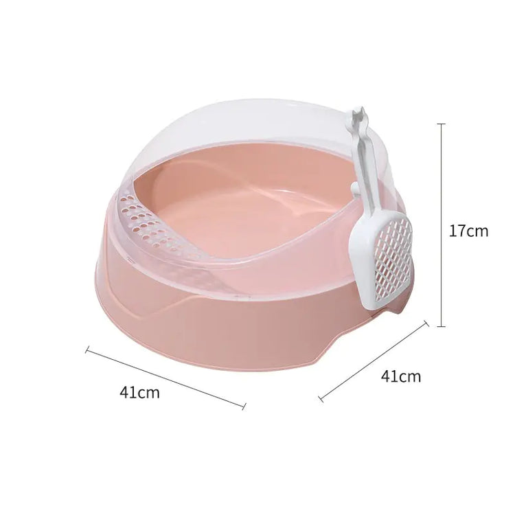 Pink round cat litter box with scoop and transparent shield, 41x41x17cm dimensions shown