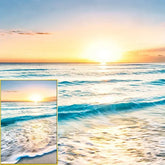 Bright ocean sunrise with gentle waves and sandy shore, beach landscape at dawn