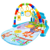 Colorful baby play gym mat with hanging animal toys and cartoon animal prints