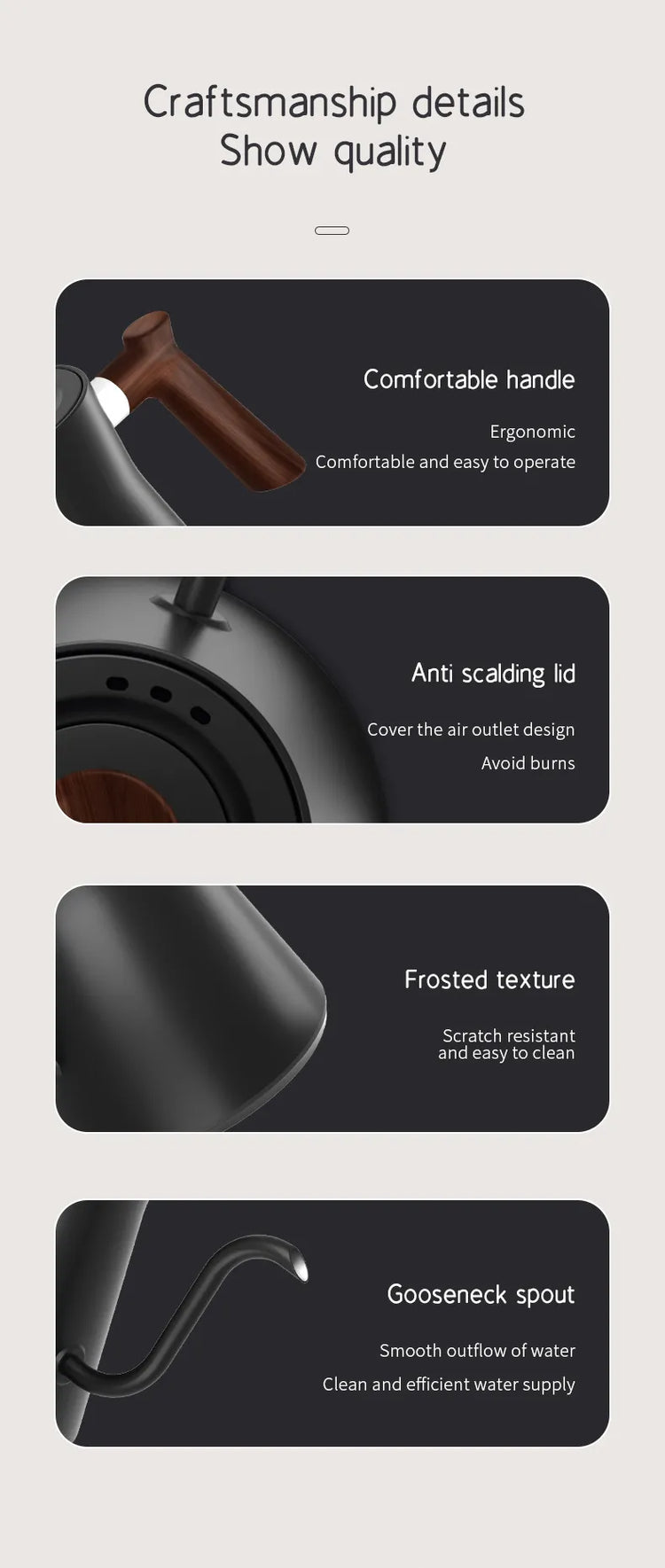 Black gooseneck kettle with ergonomic handle, anti-scalding lid, frosted texture, and precision spout