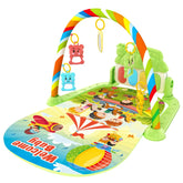 Colorful baby play mat with animal toys, piano keys, and cartoon characters, &