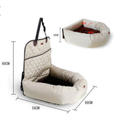 Beige quilted dog car seat with high sides, seatbelt strap, and size measurements, 60x50x60cm.