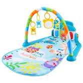Colorful baby play gym mat with hanging toys and animal illustrations on a blue background