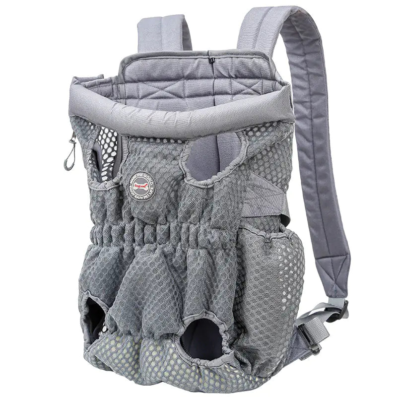 Gray mesh pet carrier backpack with adjustable straps and padded lining