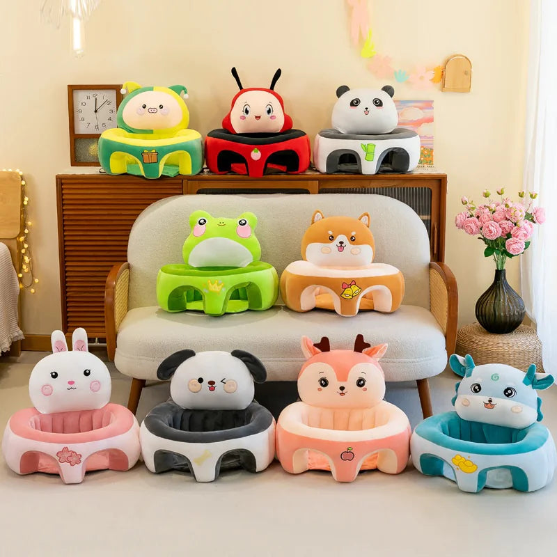 Nine colorful animal-shaped plush baby chairs arranged in a cozy living room setting