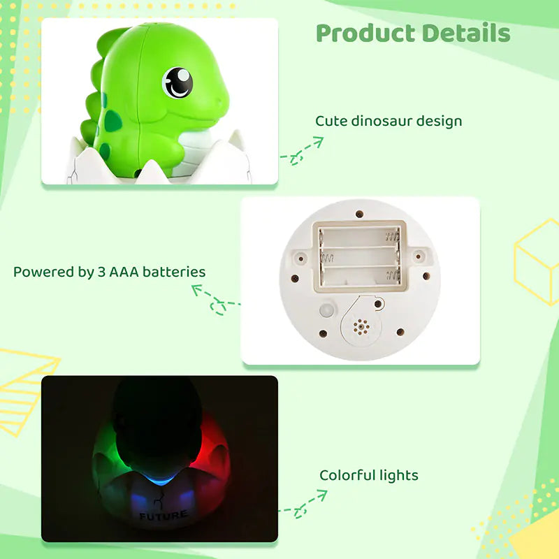Green dinosaur night light toy with colorful LED lights, powered by 3 AAA batteries