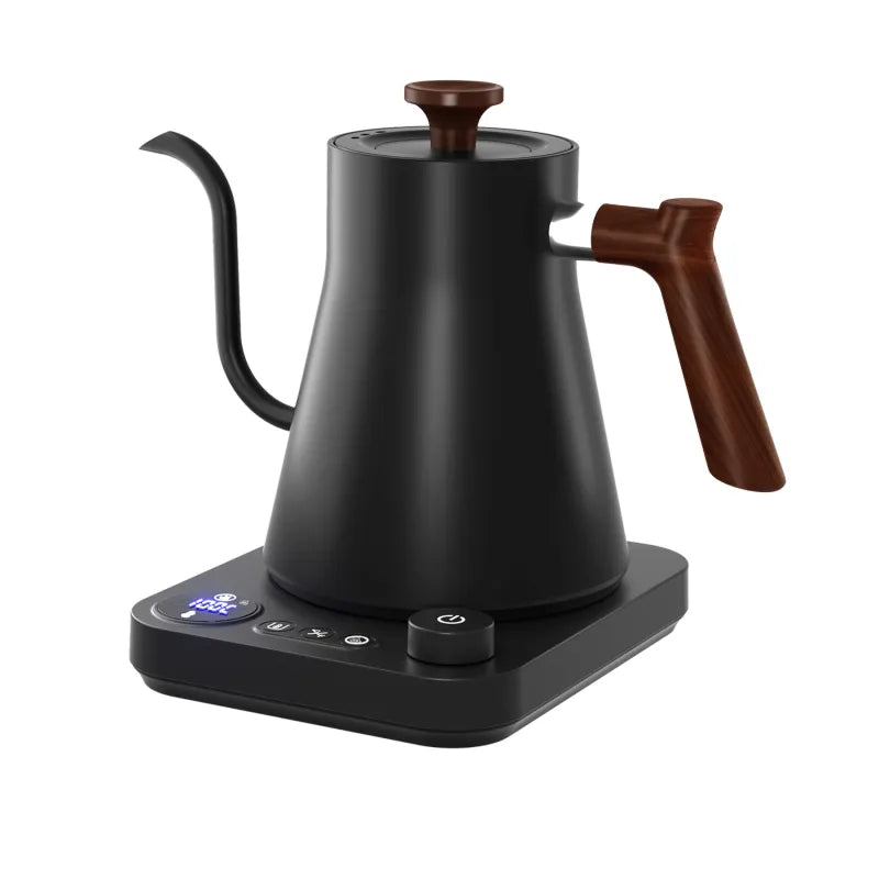 Black gooseneck electric kettle with digital base and wood handle on white background