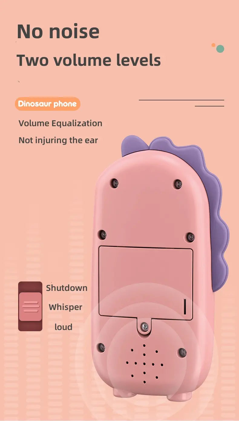 Pink dinosaur phone with purple spikes, two volume levels, and quiet, safe for kids.