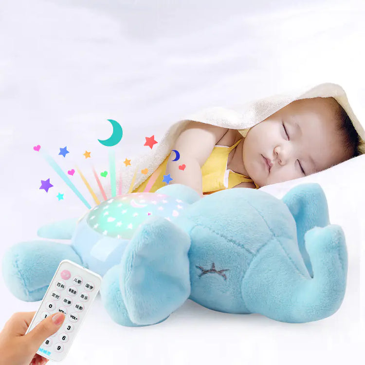 Sleeping baby with blue elephant night light plush toy projecting stars and moons, remote control