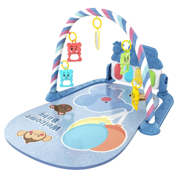 Colorful baby play gym mat with hanging animal toys and welcome baby message