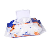 Pet Soft pet wipes pack with playful dog illustrations, resealable lid, and 100 wipes.