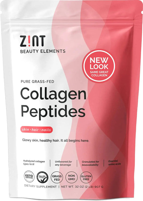 Zint Collagen Peptides Powder (32 oz): Paleo-Friendly Keto-Certified Grass-Fed Hydrolyzed Collagen Protein Supplement - Unflavored Non GMO GLOWLAB